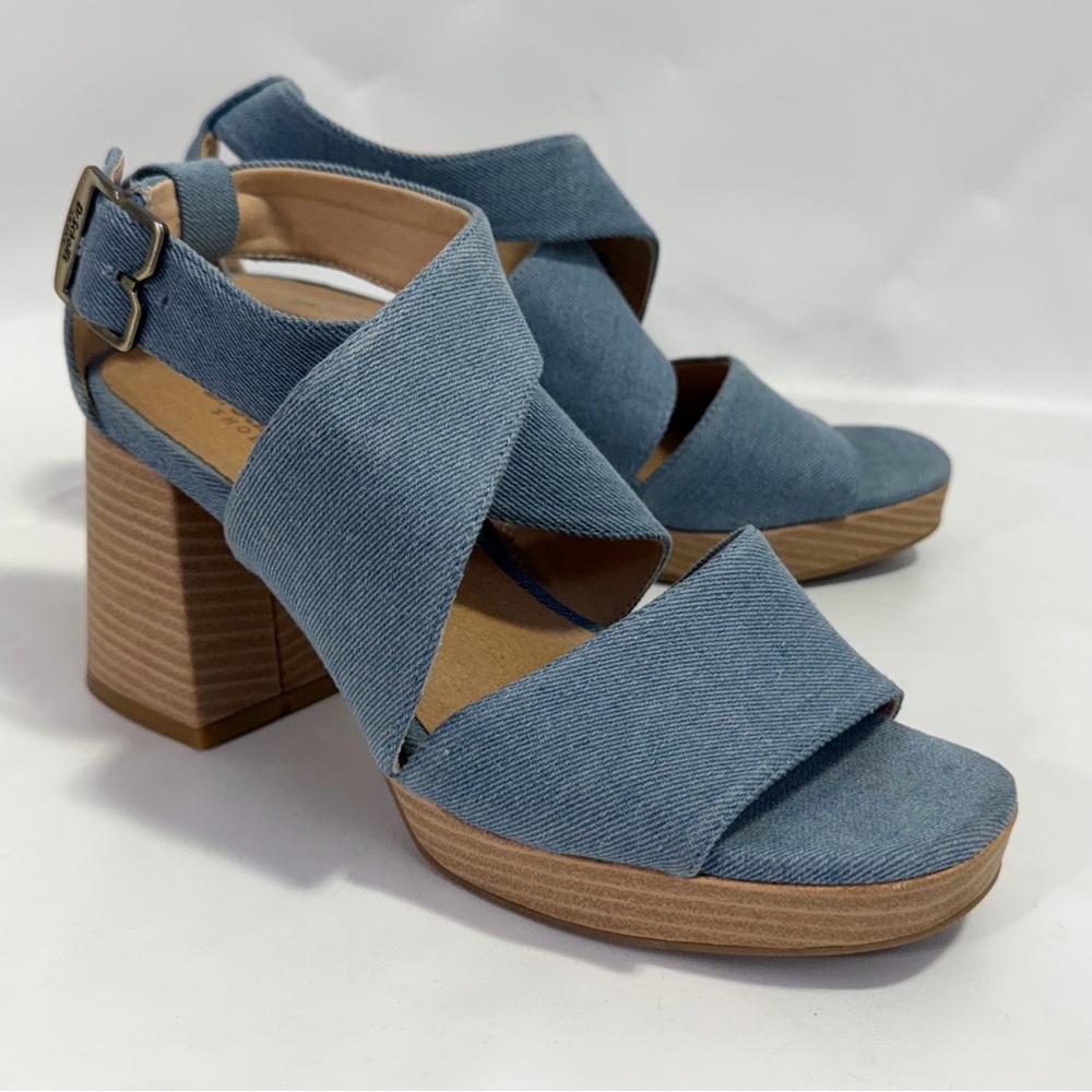 Dr Scholl’s Platform Chunky Heels Ankle Strap Sandals 8 M Blue Denim - Picture 3 of 15